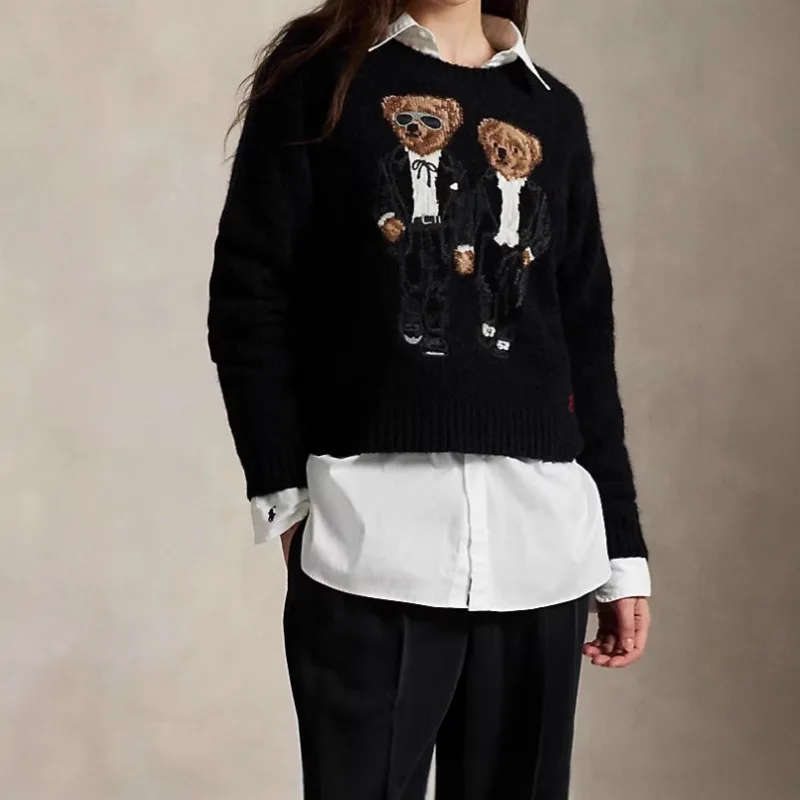 

2025 New Women's Cute Cartoon Bear Embroidered Knit Sweater Soft Cotton Round Neck Long Sleeve Pullover for Autumn Winter