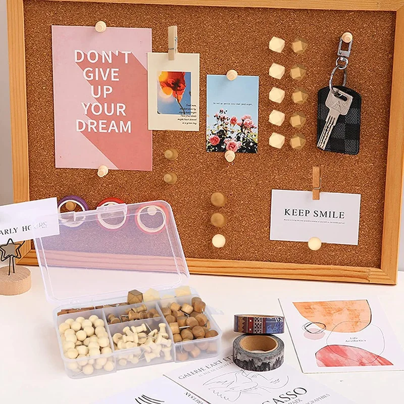 ไม้ Push Pins หมุดไม้ไม้ Tacks บอร์ด Pins กับกล่องเก็บสำหรับ Cork Board,รูปภาพ