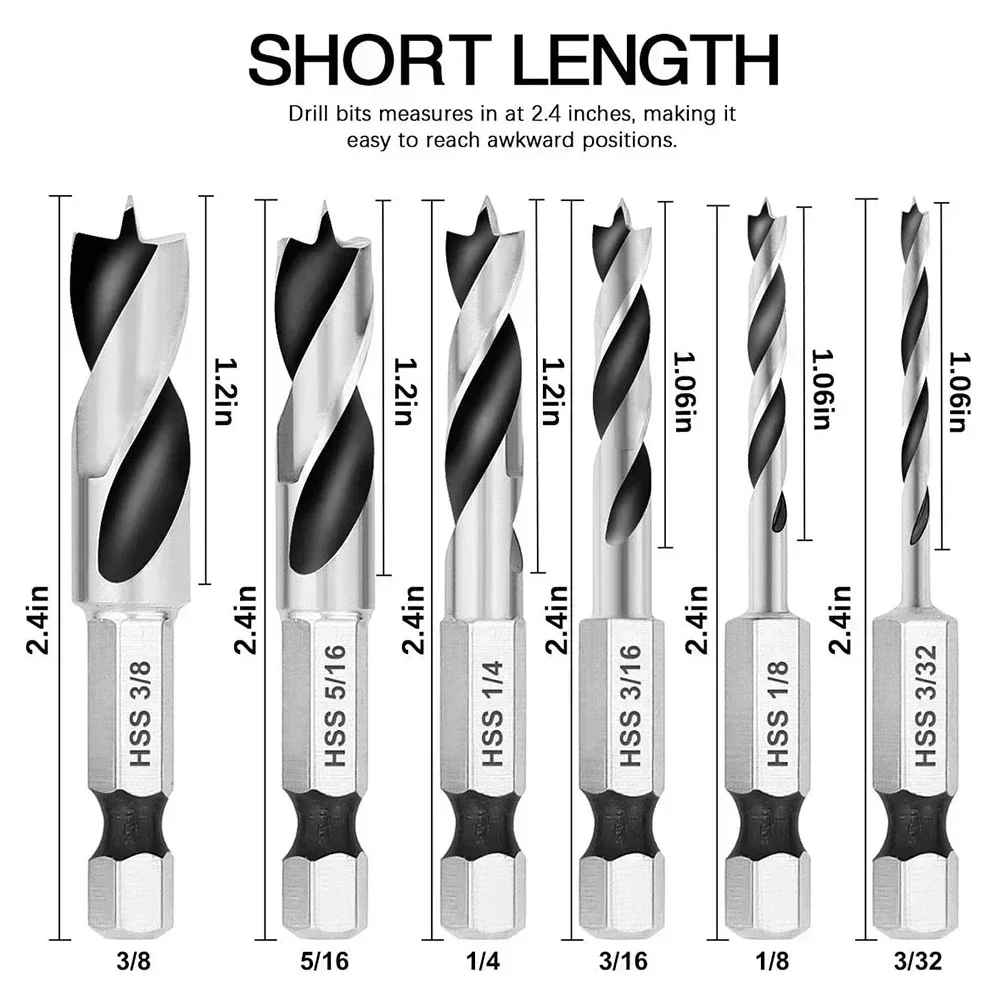 Brocas de vástago hexagonal de 1/4 ", juego de brocas HSS de 3 puntos de cambio rápido para taladro eléctrico, herramienta eléctrica para carpintería