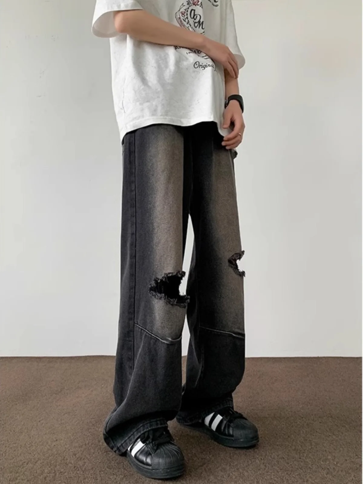 

Осень-зима, очень большой размер 300, рваные джинсы High Street в американском стиле ретро, мужские свободные прямые брюки