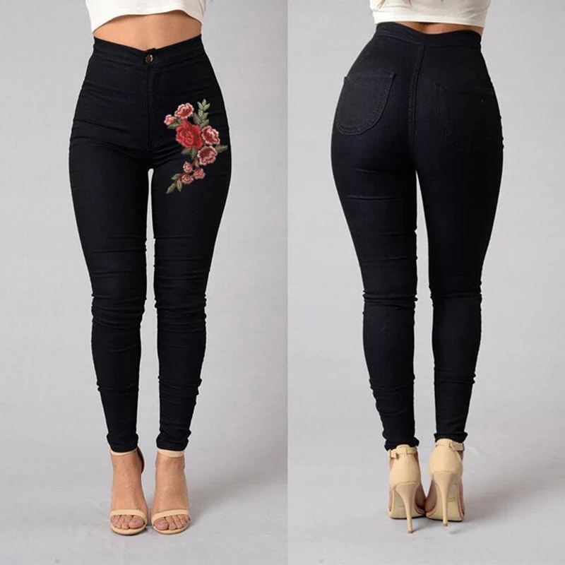 Pantalones de lápiz elásticos de cintura alta para mujer, pantalones de flores bordadas, ajustados, casuales, simples, combinan con todo, primavera y otoño