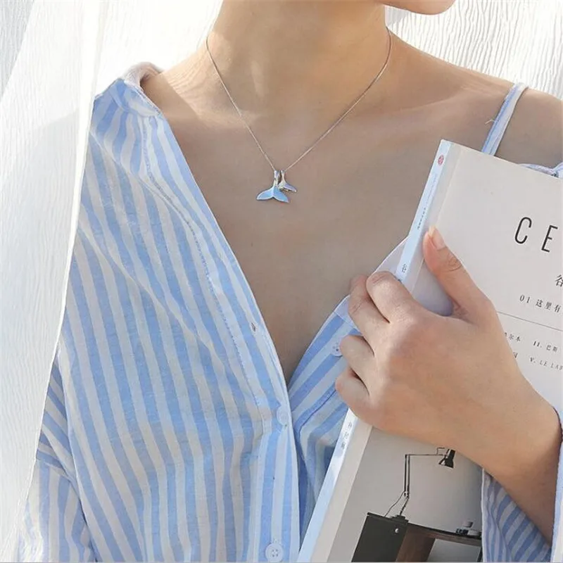 New Personality Fashion Jewelry Cute Fantasy Ocean 925 Sterling Silver Double Mermaid Fish Tail Pendant Necklaces  XL140 view 4