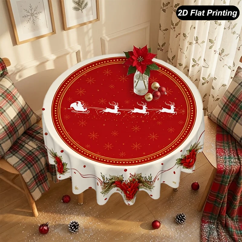 1pc Winter Round Tablecloth Santa Sleigh Poinsettia Christmas Perfectly Adorns Your Dining Table And for home Environment