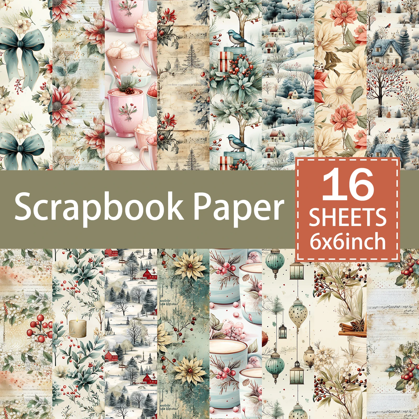 16 Sheets 6 inch Christmas Bow Flower Holly Background Illustration Stationery Vintage Grunge Journal Planning Cards Scrapbook