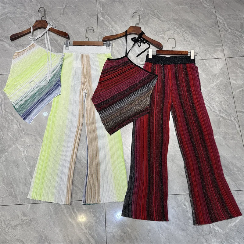 

Women's two pieces set New elastic knitted slim fit women's pants for summer 2025 Metal yarn blended sleeveless top Women's suit
