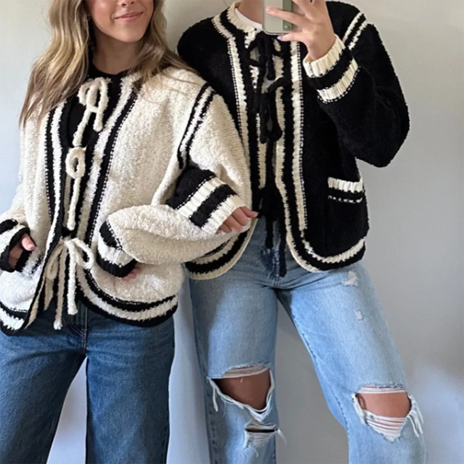 Women Y2k Tie Front Knitted Cardigan Sweater Long Sleeve Open Front Oversized Cardigan Knitwear Tops 00s Vintage Streetwear