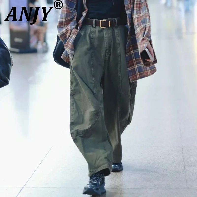 

ANJY Autumn Winter New Women Fashion Simple Wide-Leg Cargo Denim Pants Trend Versatile Chic Casual Loose Fit Washed Jeans A16100