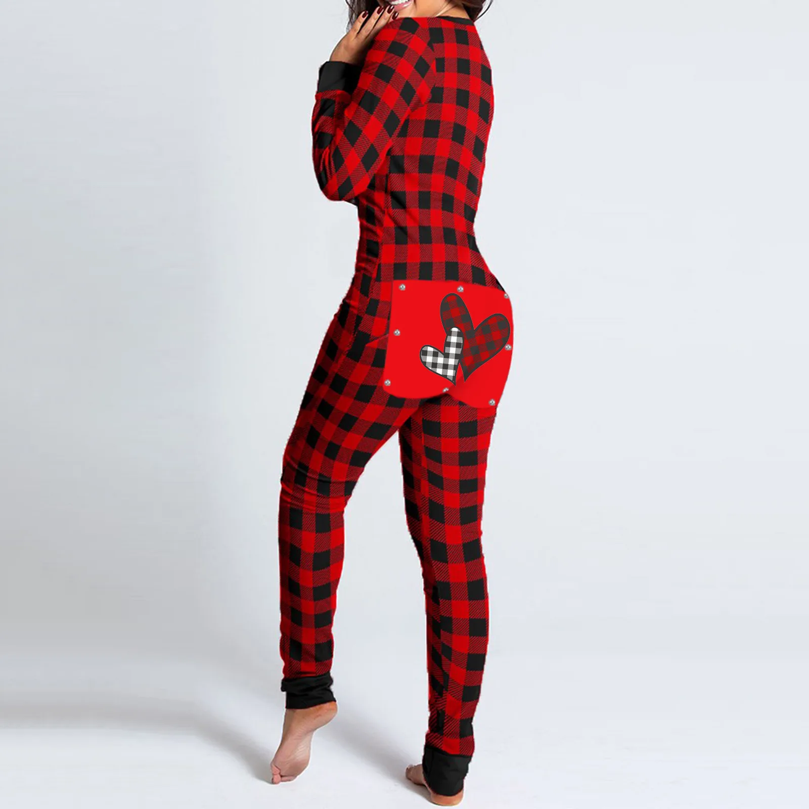 Button Flip Adult Pajamas Red Black Plaid Long Sleeved Home Suit Jumpsuit 2024 Spring Autumn New Fashion Sexy Long Jumpsuit