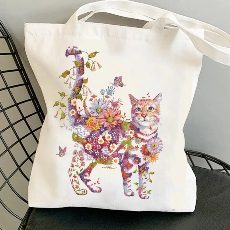 Flower Cat Canvas Bag Women Fashion Shoulder Totebag Female Shopping Bags Girl Student School Bags