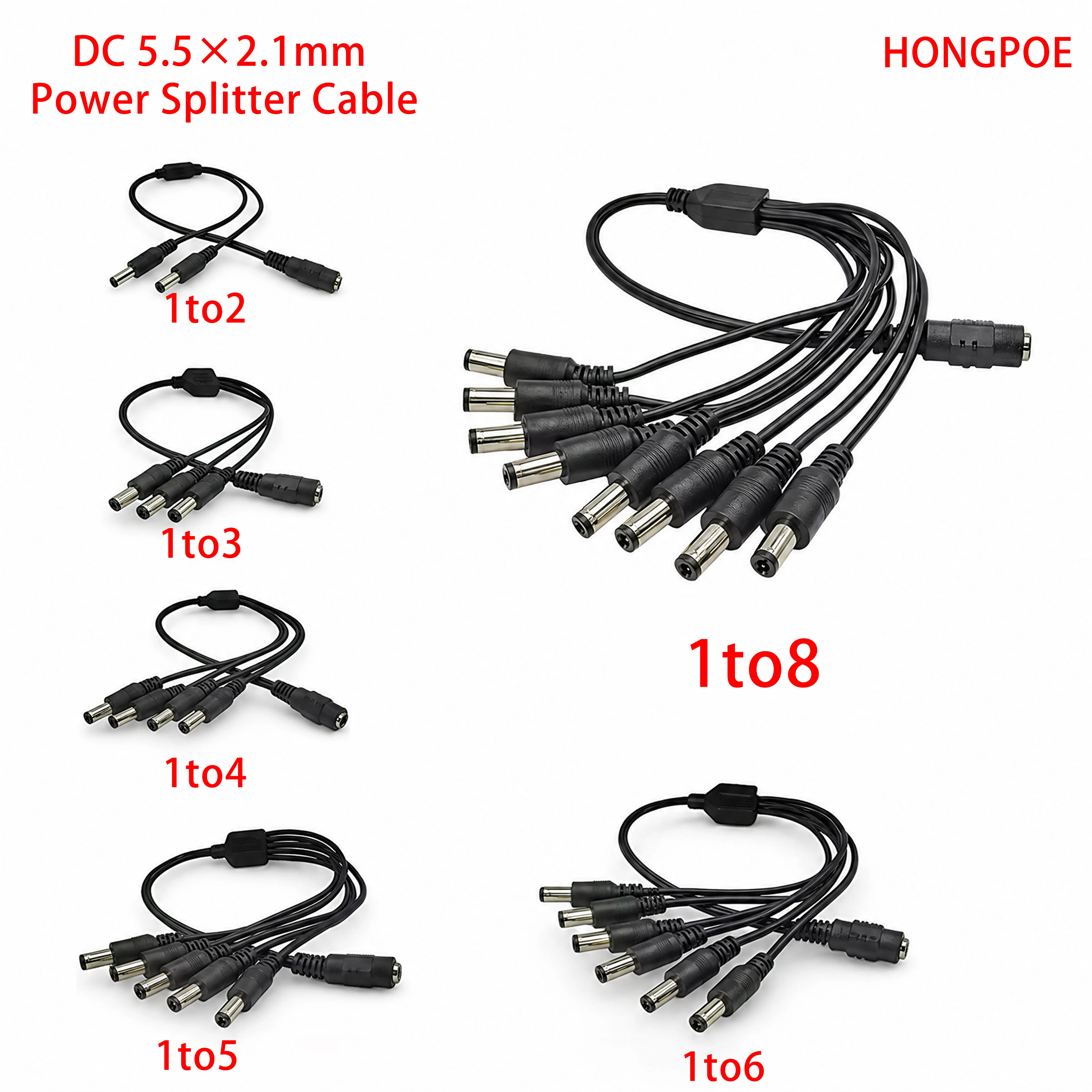 40CM DC 5.5×2.1mm power cord, 1 to 2/3/4/5/6/8 splitter, pure copper wire, flame retardant PVC  for LED lights, TV, and CCTV.