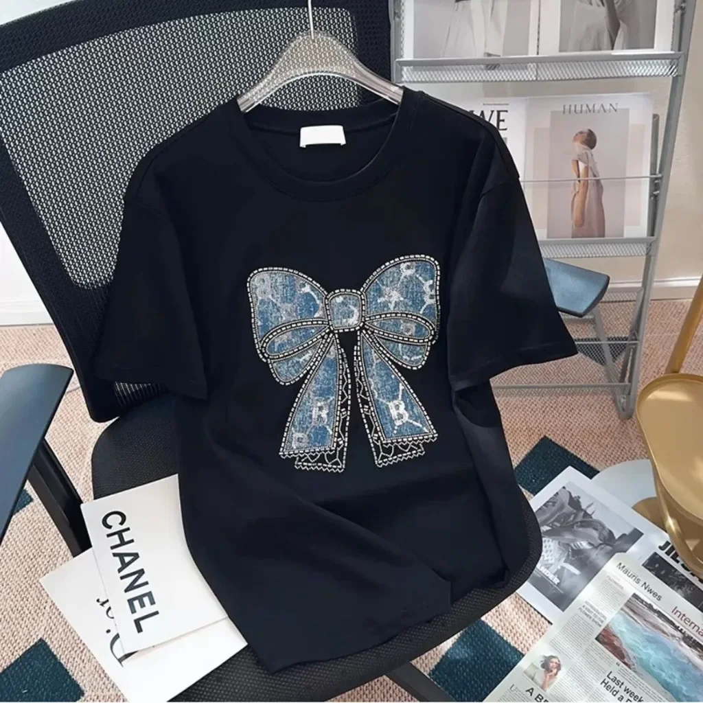 2025 New Korean Popular Lace Bow Print T-shirt Women Summer Short Sleeve Tee Casual Y2k Top Elegant Girls Clothes - Image 2
