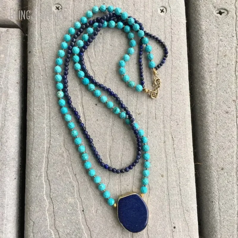 10pcs Natural Stone Lapis Turquoise Double Layered Necklace Women Hand Knotted Boho Y2k Aesthetic Jewelry Grunge Accessories