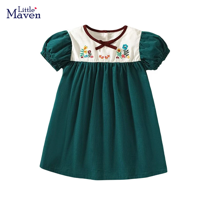 Little maven Summer Girls Dresses 2024 Children\'s Party Green Flowers Dress 7years Little Girls Clothes for Girls Clothing