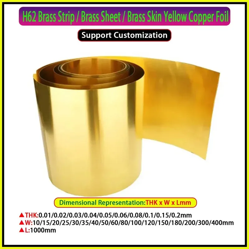 

H62 Brass Metal Sheet Foil Strip 1 Meter Length Thickness 0.01-0.2mm Width 10-400mm