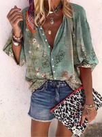 2024 New Women's Shirts & Blouses Fashion Vintage Printed Casual Vacation Bohemian Style Lady Single-breasted Shirt Streetwear