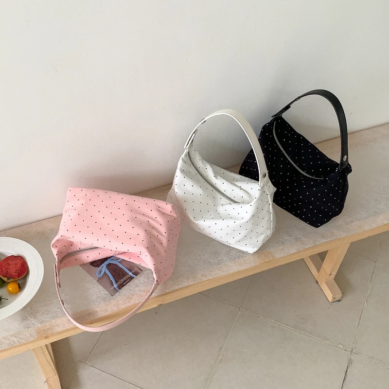 

New Fashion Women Dot Small Square Shoulder Bag Korean Style Niche Design Soft Cotton Armpit Hobos Handbag Portable Shoulder Bag