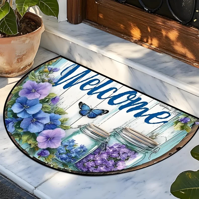 Mason Jar Flower Semicircular Welcome Door Mat Rustic Half Round Non-Slip Floor Rug for Home Entrance Porch Decor