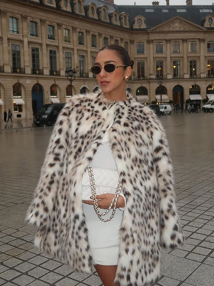 Luxurious Leopard Print Loose Faux Fur Coat For Women Fashiono-neck Long Sleeved Thick Warm Jacket Chic Ladies Fluffy Streetwear