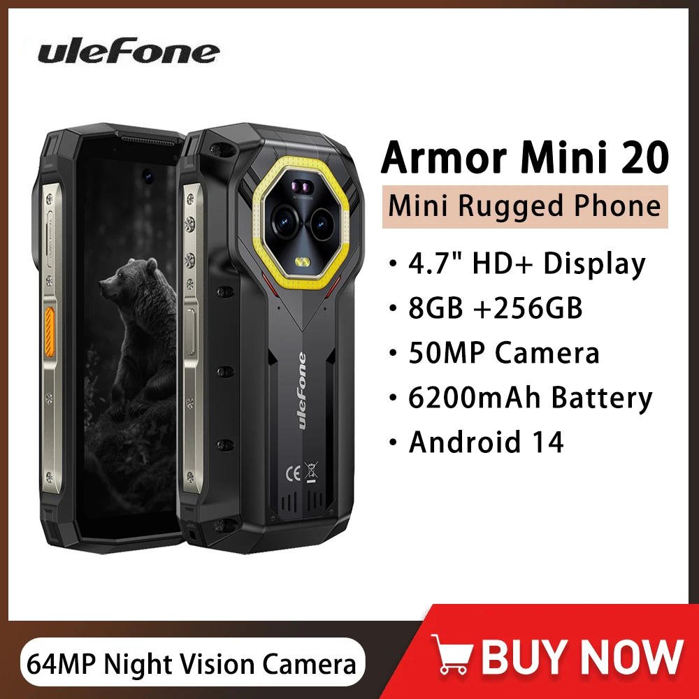 Ulefone Armor Mini 20 4G هاتف متين 64MP كاميرا ليلية 8GB 256GB 6200mAh الهاتف الذكي أندرويد 14 4.7 بوصة الهواتف المحمولة الصغيرة NFC