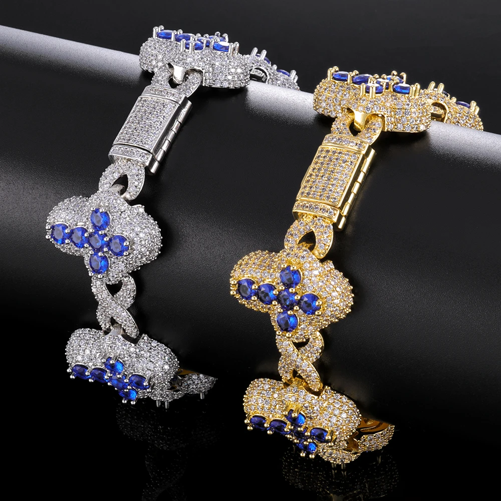 NY estilo Hip Hop personalizado azul y blanco circón cadena cubana 20mm de ancho Cruz cubo helado Zirconia joyería de moda pulsera de regalo