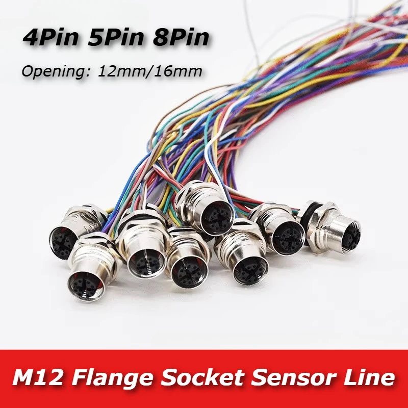 Waterproof M12 4 5 8 Pin Panel Front/Rear Socket with 22AWG 20CM Line Open 12/16MM Glued Cononector Cable Integrated Sensor Cord