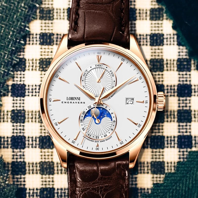 LOBINNI Rose Golden Elegant Moon Phase Design Calendar Display Brown Leather Mens Watch Brand Luxury Automatic Mechanical Watch