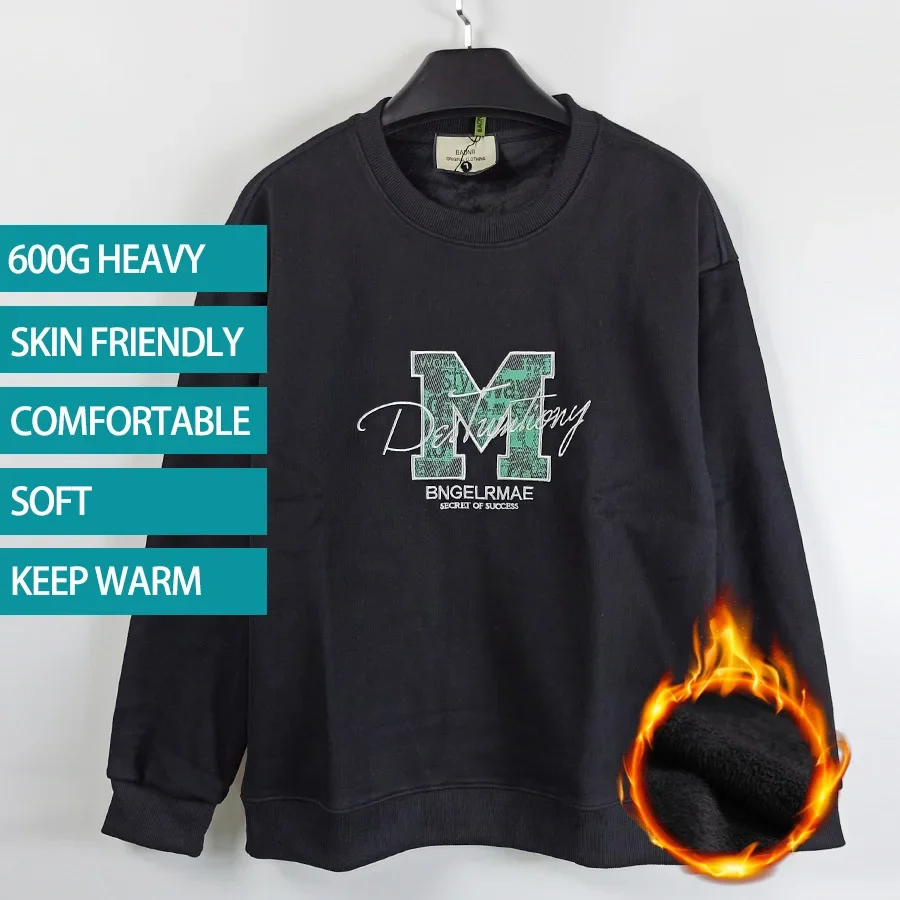 Men's Sweatshirt M letter embroidery New 600g Heavy Weight Cotton Men Top Pullover tracksuit winter men clothing Round Neck