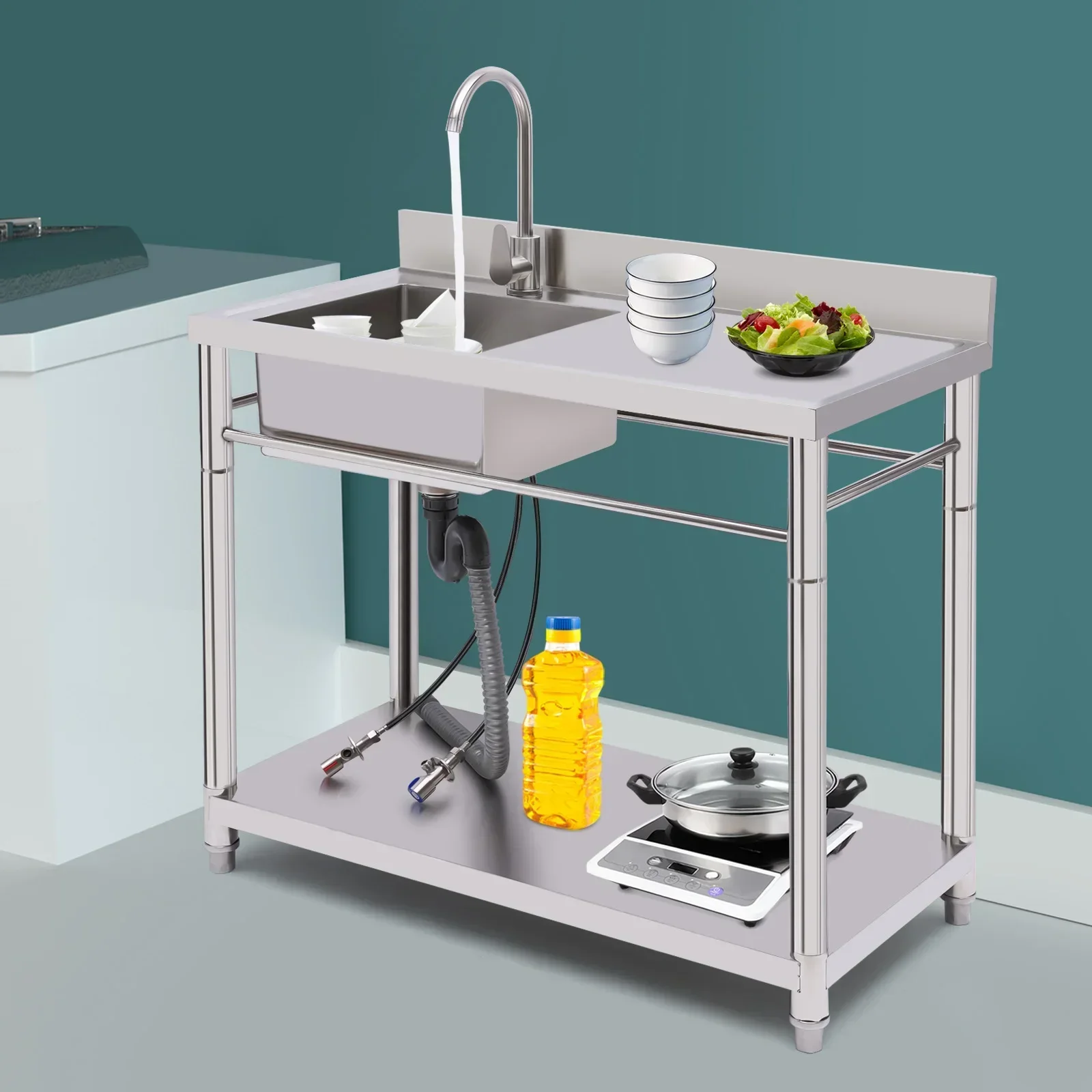 

Stainless Steel Commercial Sink with Stand and Prep Table, Heavy-Duty Utility Sink for Kitchen Laundry Garage Bar, Free Standing