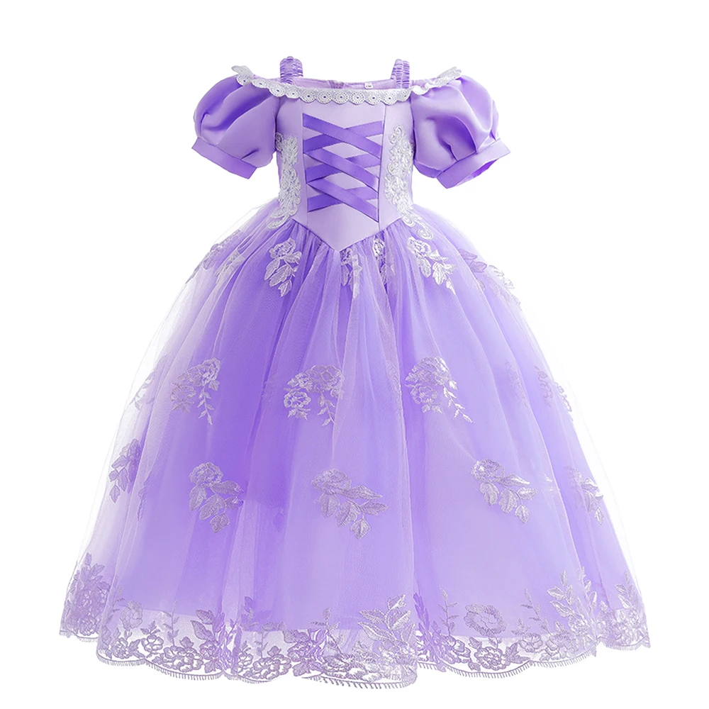 Girls Purple Long Hair Sofia Rapunzel Character Dress Mesh Fancy Outfit For Kids Birthday Carnival Halloween Party