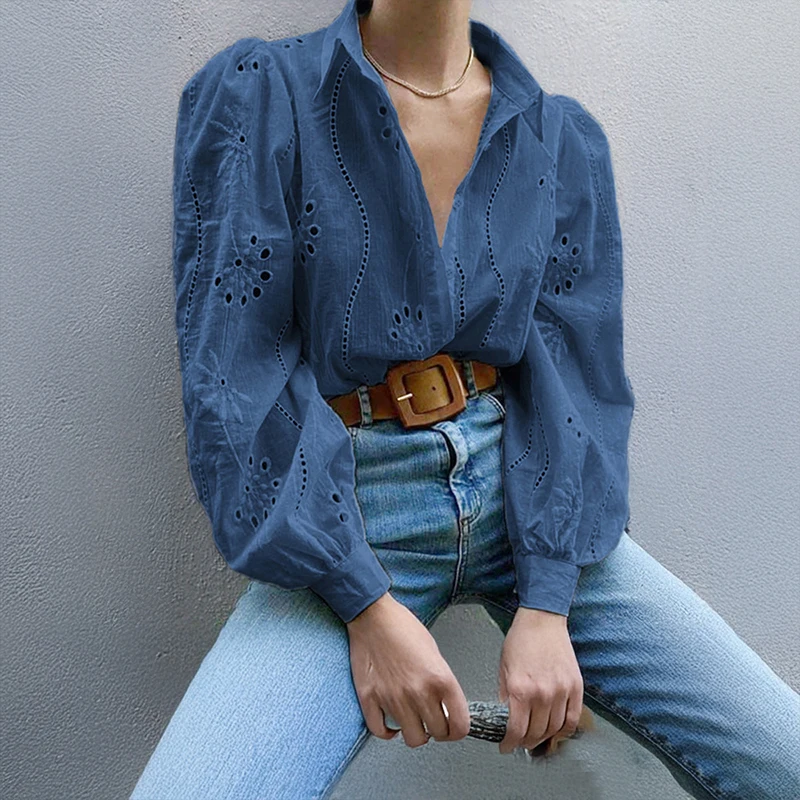 

2025 Floral Embroidered Lace Ladies Blouses Long Sleeve Button Down Shirts for Women Plain Dyed Woven Top for Spring & Summer