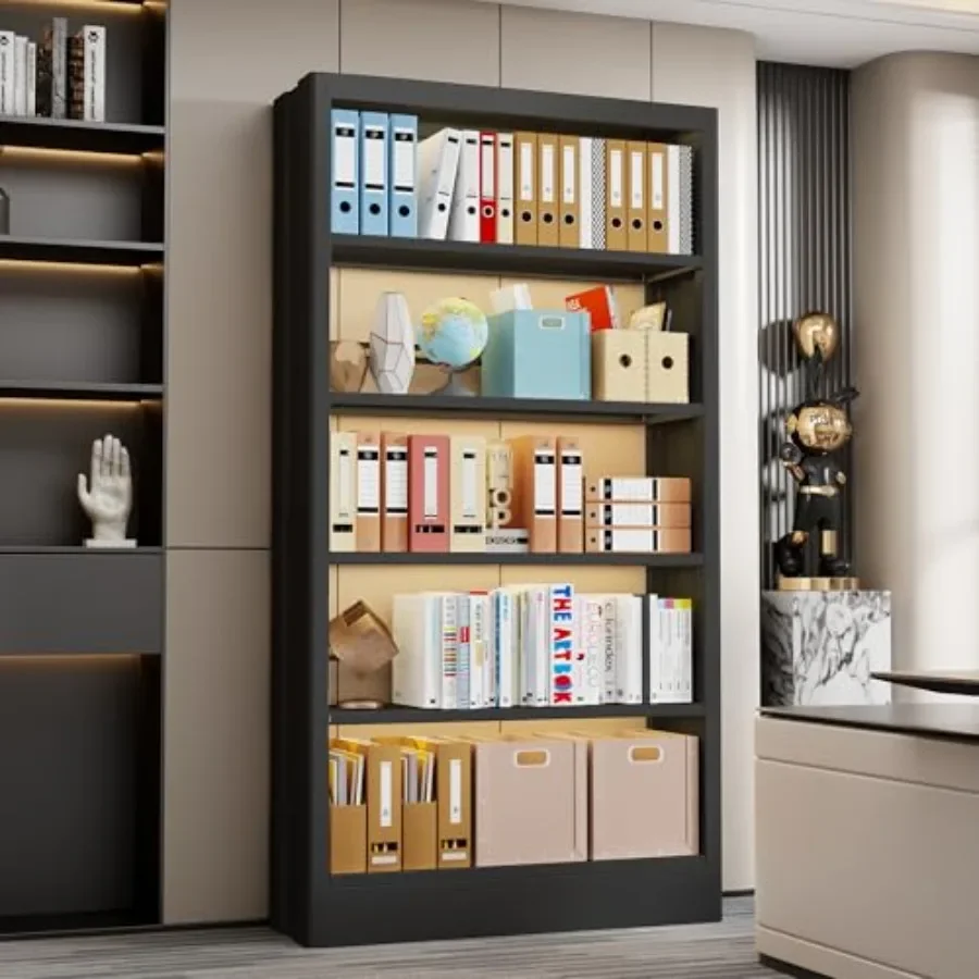 5-Tier Bookcase for Library Office Living Room, Heavy Duty Metal Bookshelf with Adjustable Shelves and Book Stopper, Black