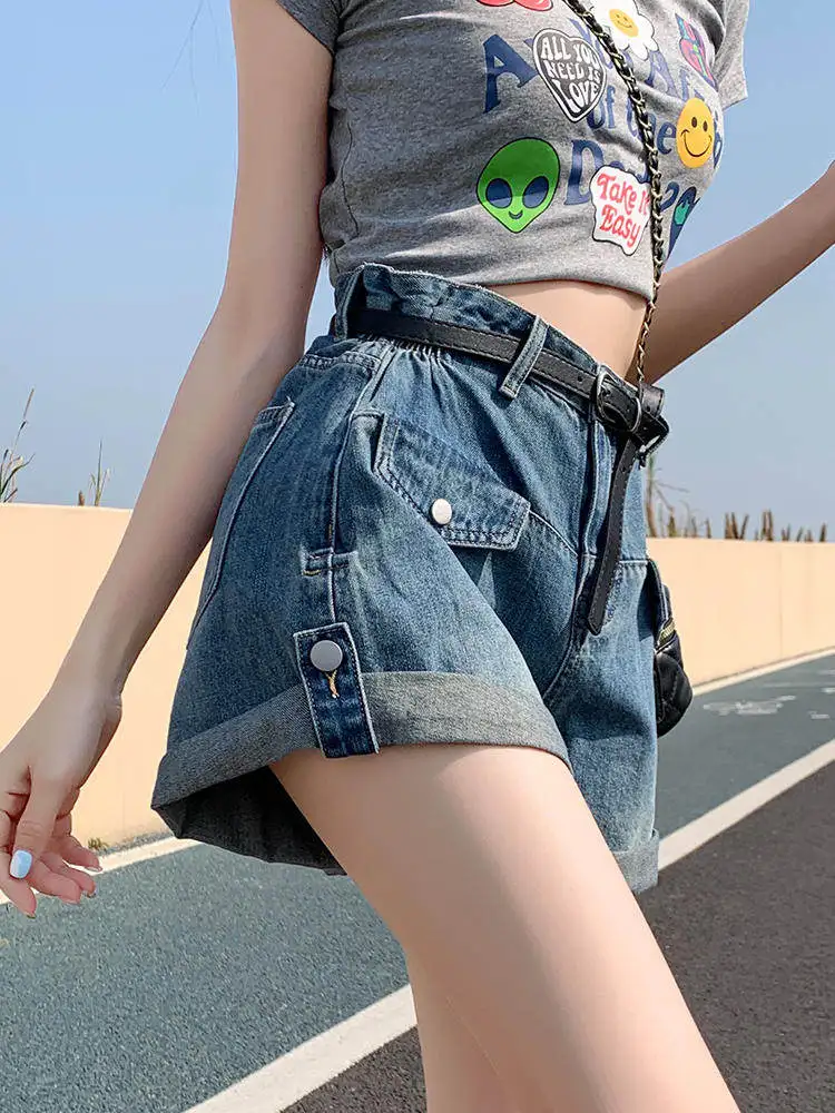 High Waist Wide Leg Short Jeans Women's Summer New Design Slimming A-Line Hot Pants Cuffed Denim Shorts Trendy plus Size