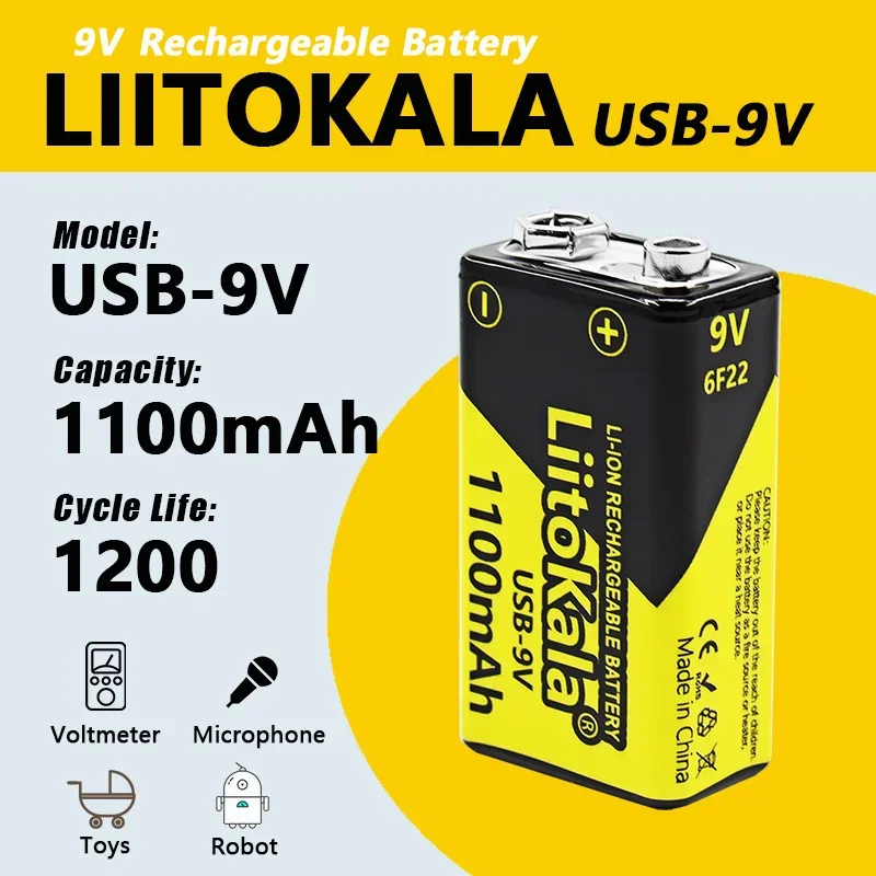 

1-40pcs LiitoKala USB-9V 1100mAh li-ion Rechargeable battery Type-C charge for Multimeter Microphone Toy Remote Control KTV use