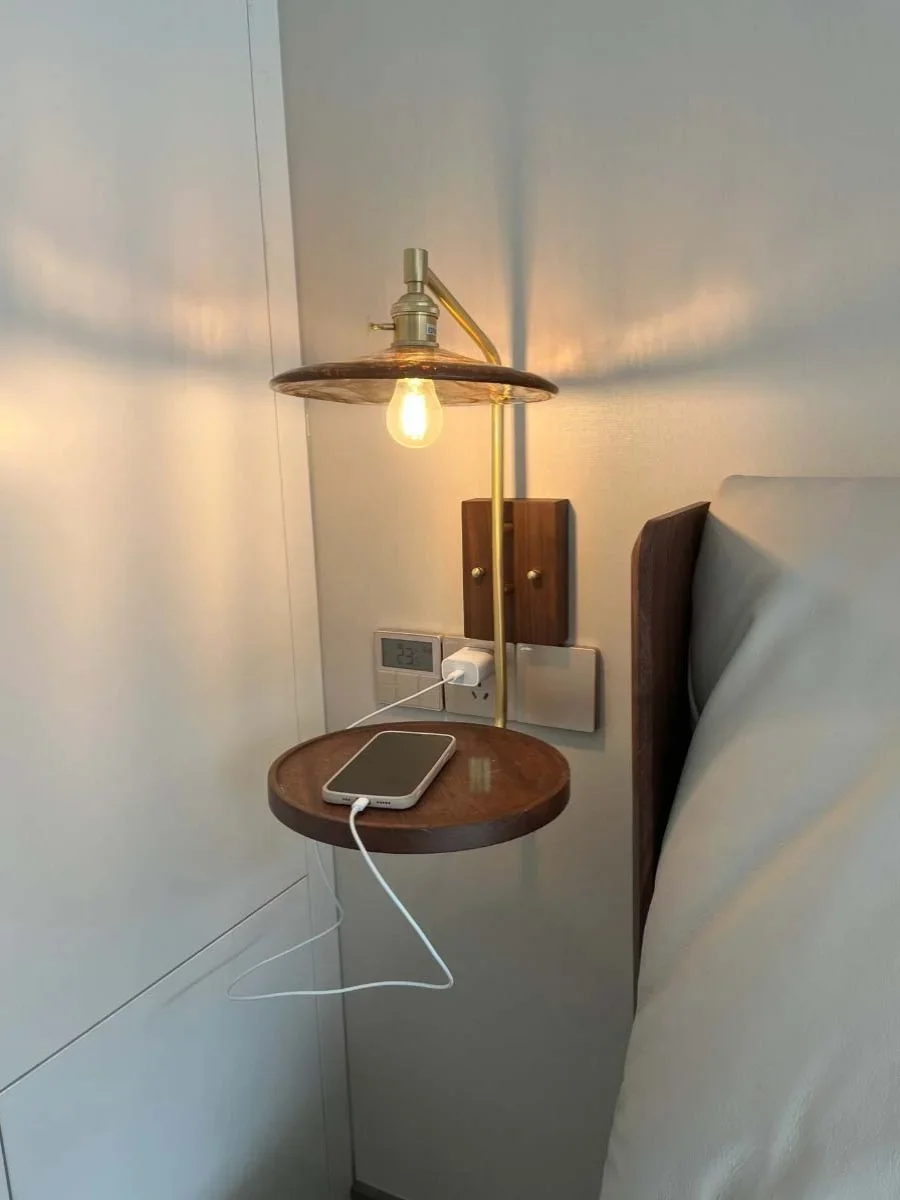 

Wall lamp Japanese retro coffee shop storage tray, solid wood Lauder lighting decoration, bedroom, study, bedside atmosphere lig