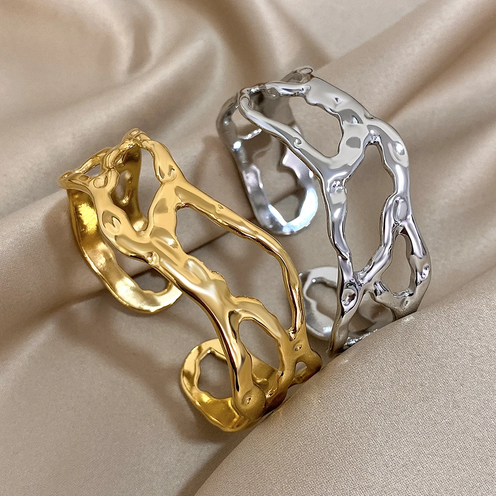 316L Stainless Steel Irregular Hollow Open Cuff Bangles for Women Fashion Gold Color Geometric Unique Design Bangles Bracelets