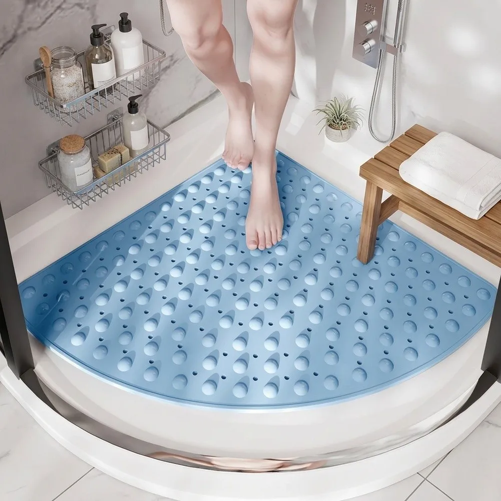 Extra Large TPE Shower Mat Featuring Fan-Shaped Design 162 Suction Cups for Stability and 134 Drainage Holes for Dryer Feet