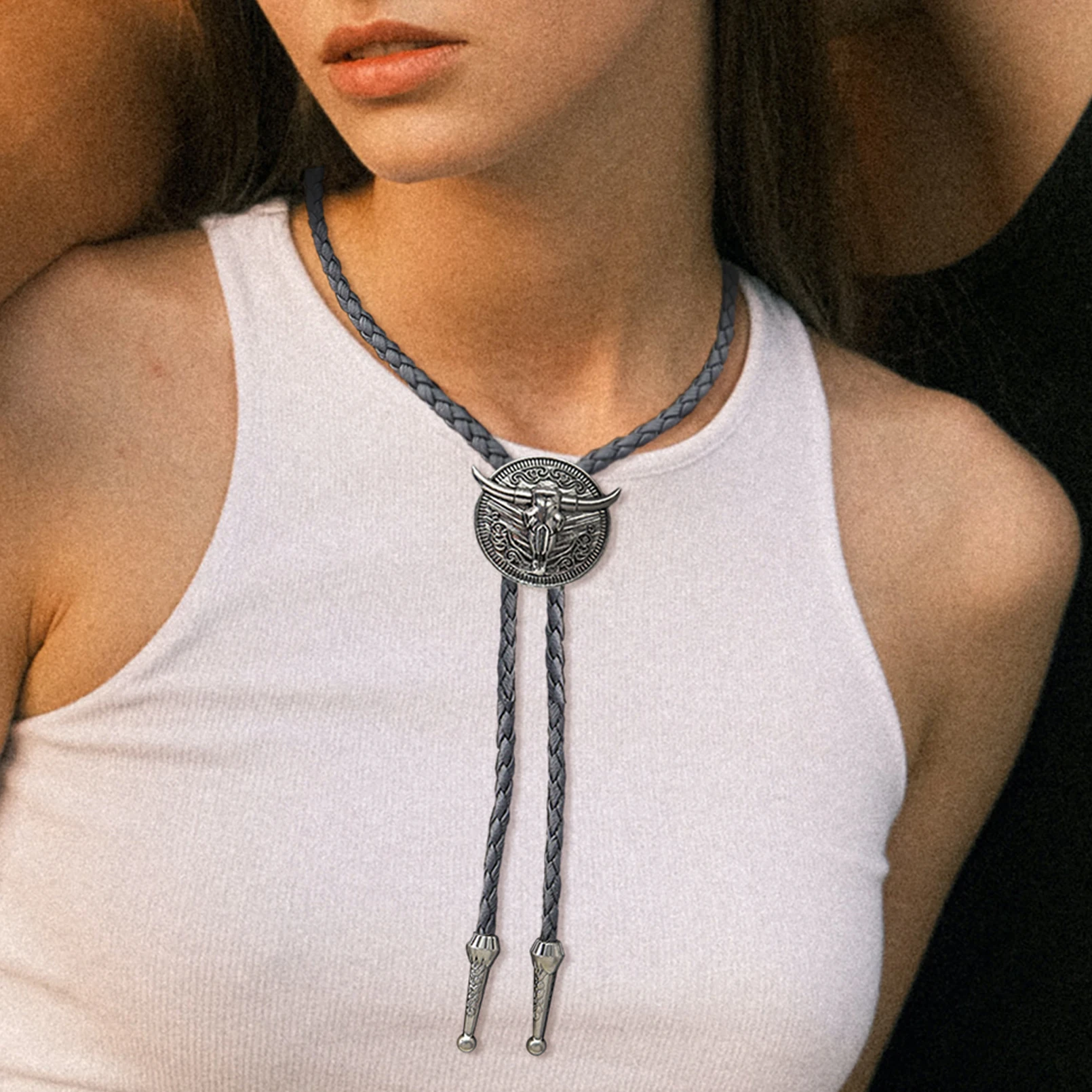 Vintage Bull Head Anhänger Schwarz Leder Seil Krawatte Western Cowboy Bolo Krawatte für Männer Frauen Halskette Zubehör Einstellbar – Detail 5