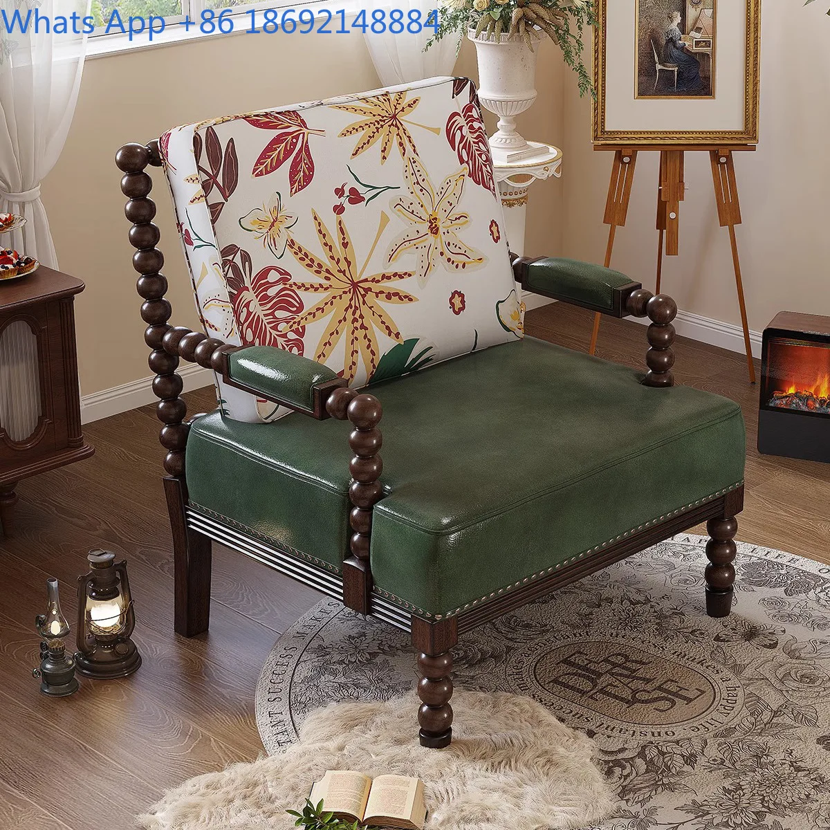 Vintage Style Solid Wood Pearl Accent Chair French Inspired Single Sofa Mid Century Lounge Stool for Living Room