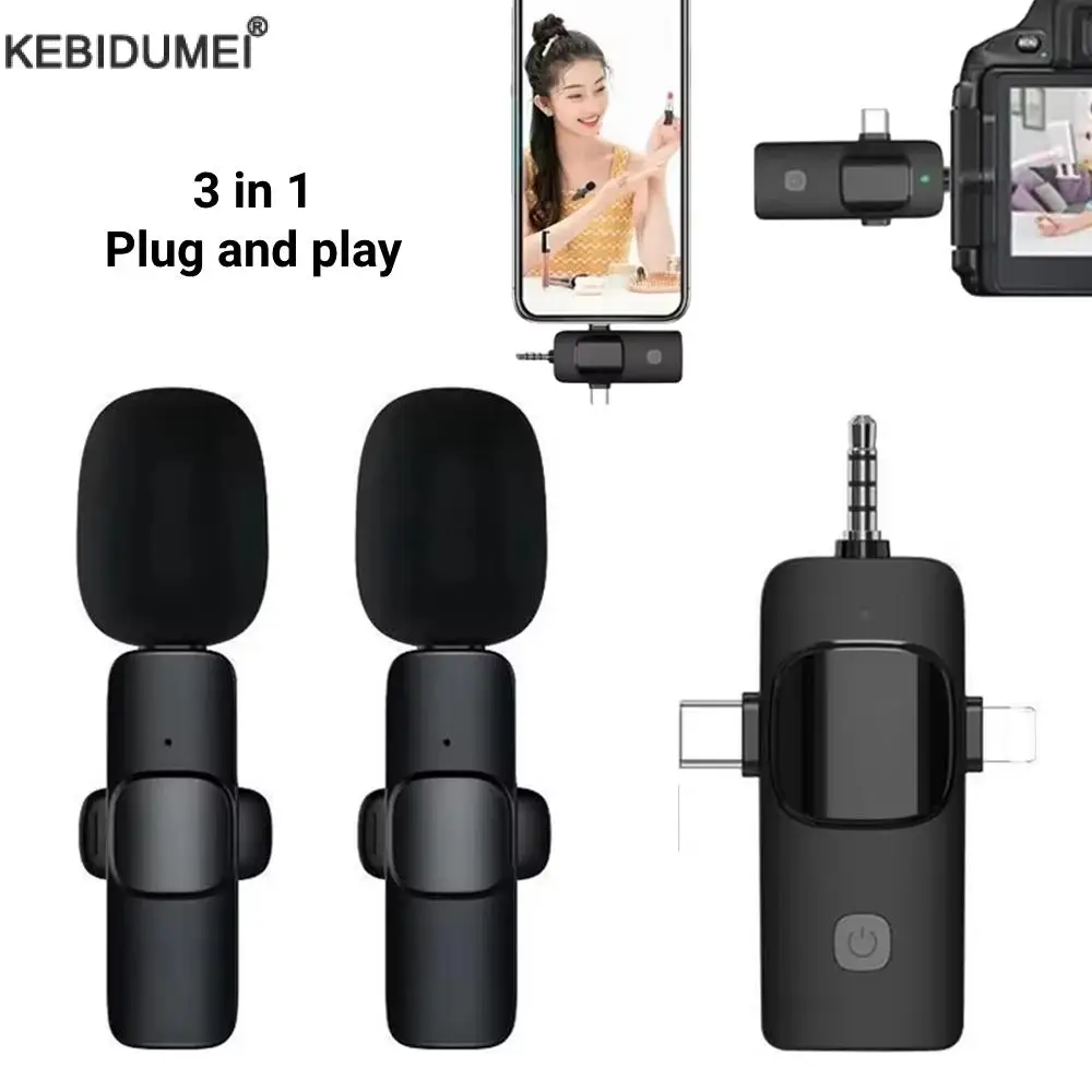 3in1 Wireless Microphone for iPhone Android Cameras Wireless Microphone for Interviews Vlog Noise Cancelling Lavalier Microphone