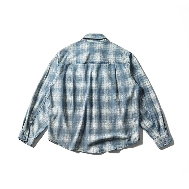 Men Cut Hole Denim Plaid Streetwear Fashion Vintage Loose Casual Long Sleeve Oversize Ripped Shirt Cityboy Jeans Blouses