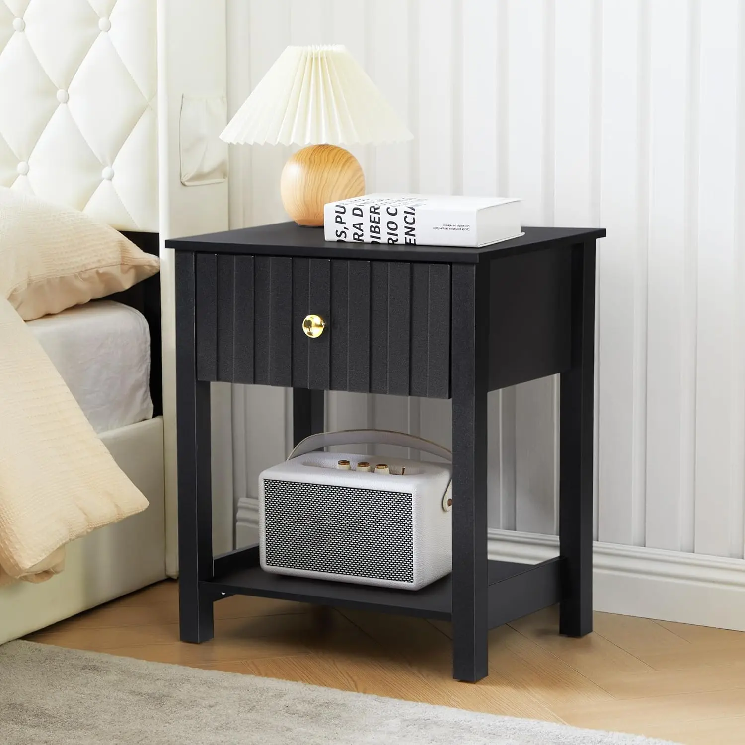 

21.65"H Fluted Wood Nightstand Drawer Mid Century End Table Bedroom Black, Customized