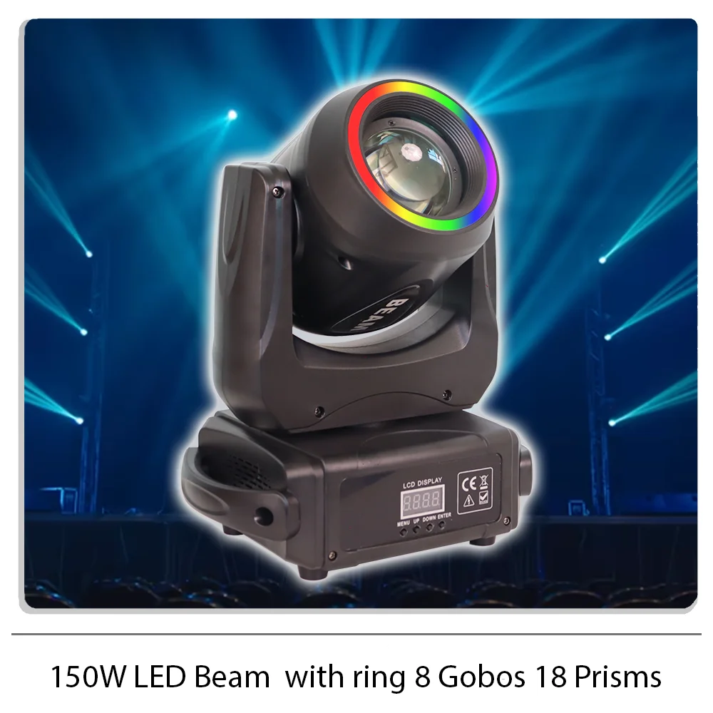 

Светодиодный луч 150 Вт с подвижным головным светом и кольцом 8Gobos 18Prisms Rainbow effect DMX512 для вечеринки, ночного клуба, свадьбы, DJ, дискотек, сценического освещения
