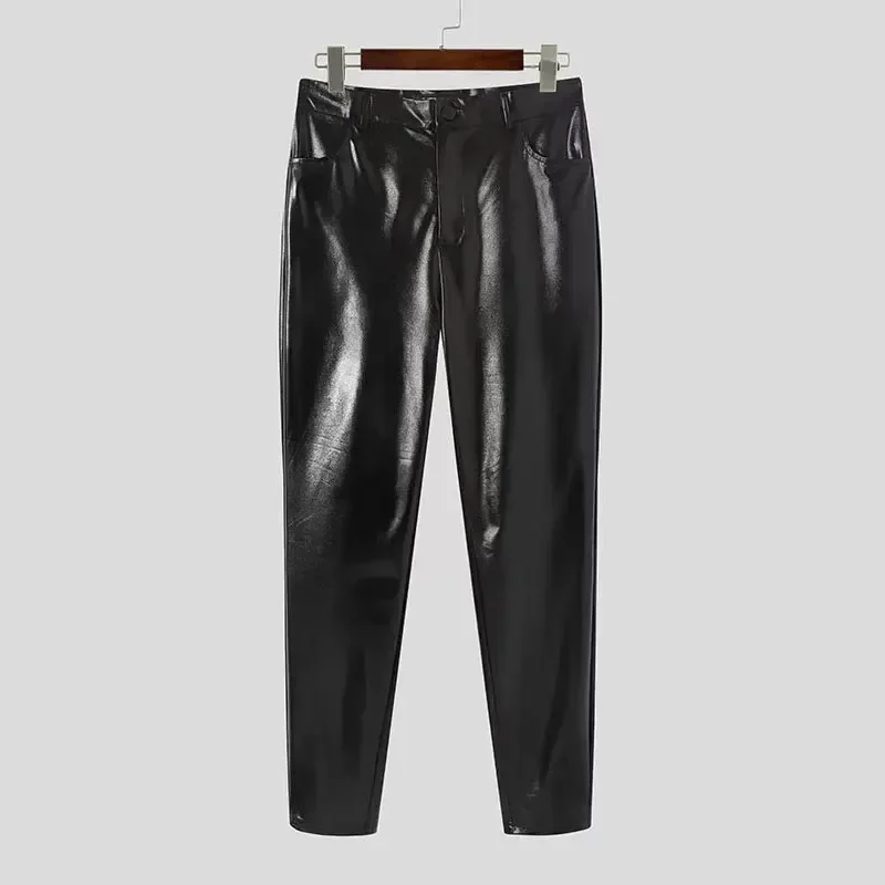 Men Classic Faux Leather Pencil Pants Mid Waist Suit Pants Stretch PU Bodycon Biker  Pants Casual Business PVC Trousers Custom