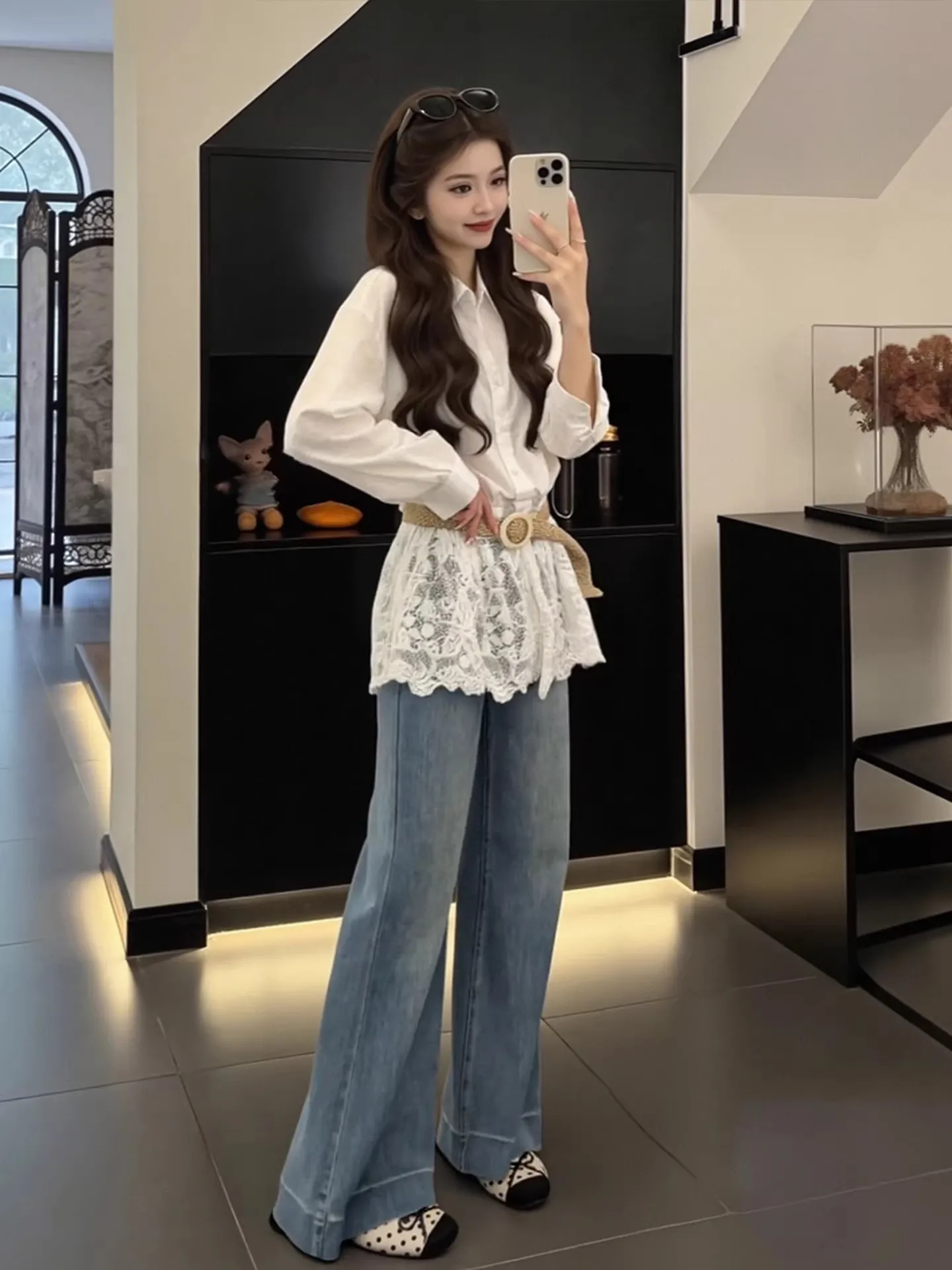 Large Size Lace Shirt Top And Wide Leg Jeans Denim Set Women's Fashion Autumn Collection High Waist Pure Color Korean Style
