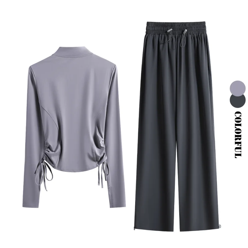 DRUR 2-częściowy zestaw do jogi dla kobiet z bluzą sportową z długim rękawem i sznurkiem bocznym oraz spodniami dresowymi, idealny na jesień, do biegania i na siłownię, rozmiary S-3XL