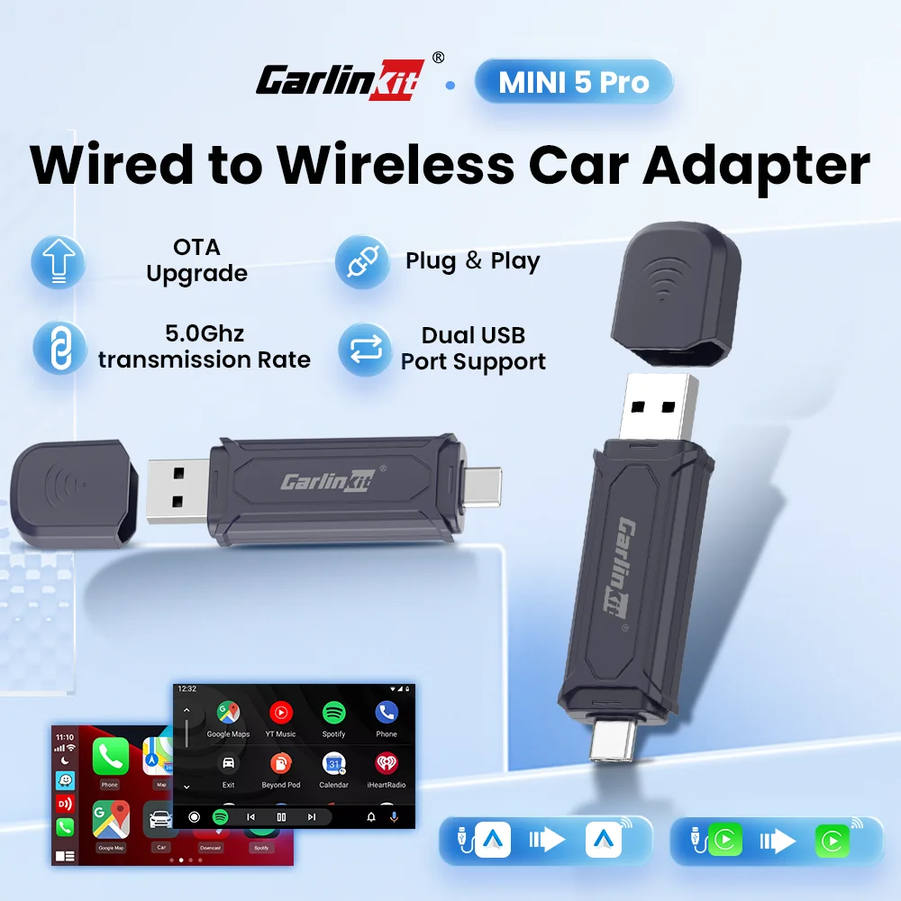 Carlinkit Mini 5 Pro Wireless Carplay Dongle Wired to Wireless for OEM Cars Wired Carplay/Android auto Dual mode Plug&Play FOTA