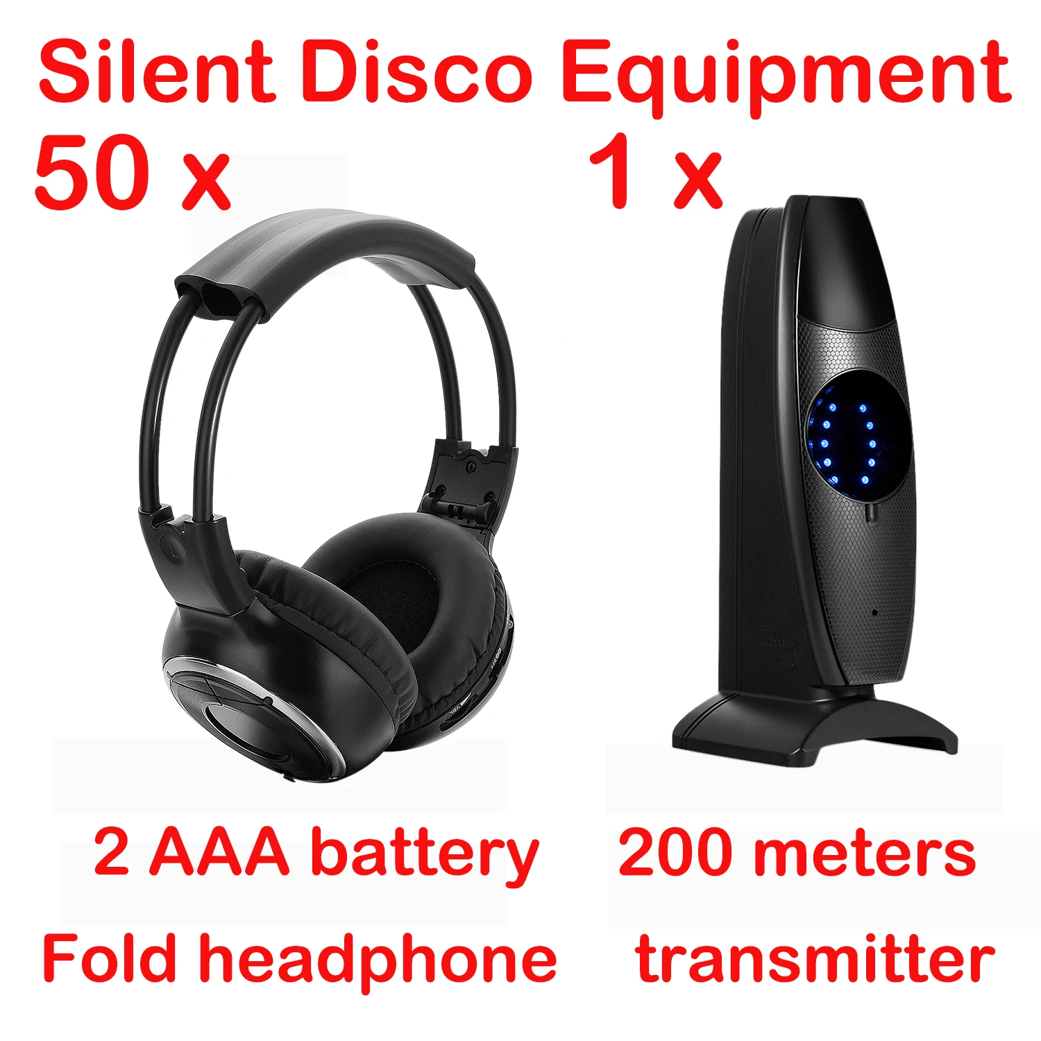 Silent Disco Headphones Bundle with 1/2/3 Transmitter 200m Distance - RF Wireless For iPod MP3 DJ Music (50pcs Package)