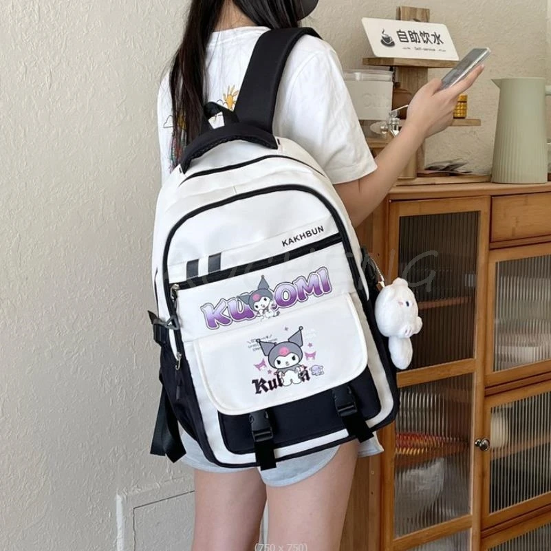 Mochila impermeável multifuncional de grande capacidade, bolsa escolar para meninas, linda Kuromi Melody, estudante médio e alto, bolsa de livro de nylon