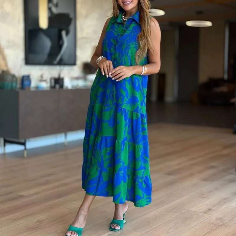 Boho Style Print Loose Pleated Long Dresses Woman Spring Button Lapel Shirt Office Dress Summer Sleeveless Vacation Maxi Dresses