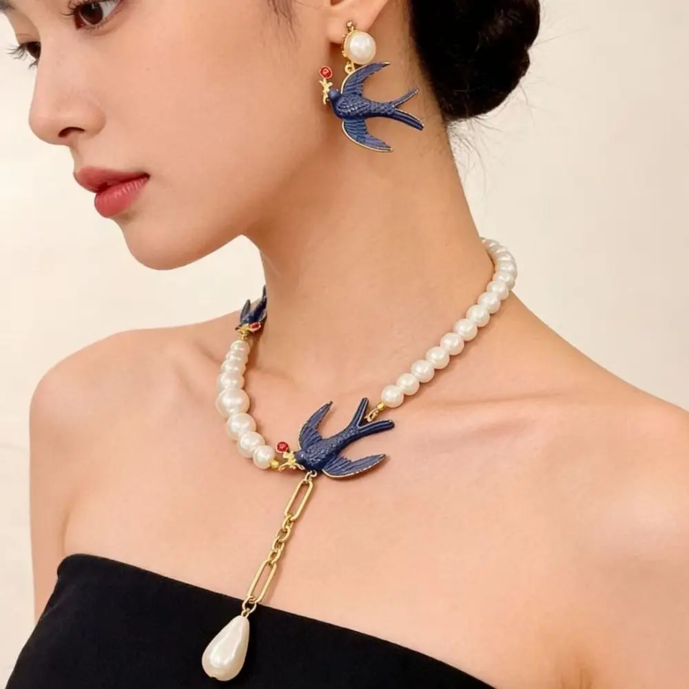 Fashion Bird Blue Enamel Swallow Necklace Animal Beads Geometric Earrings Vintage Charm Women's Jewelry Set Bride